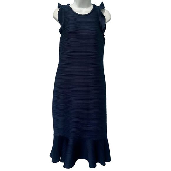 Shoshanna Navy Blue Ruffle Hem Sleeveless Ribbed Sheath Midi Dress size 6 - Picture 6 of 11